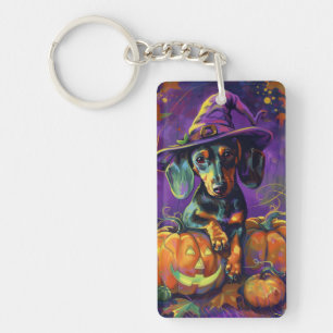 Spooky Dachshund Dog Halloween Witch And Pumpkin Key Ring