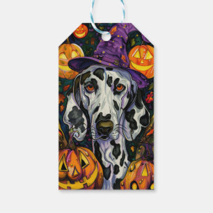 Spooky Dalmatian Dog Halloween Witch And Pumpkin Gift Tags