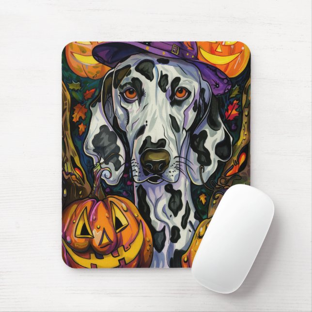 Spooky Dalmatian Dog Halloween Witch And Pumpkin Mouse Pad (With Mouse)