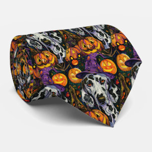 Spooky Dalmatian Dog Halloween Witch And Pumpkin Tie