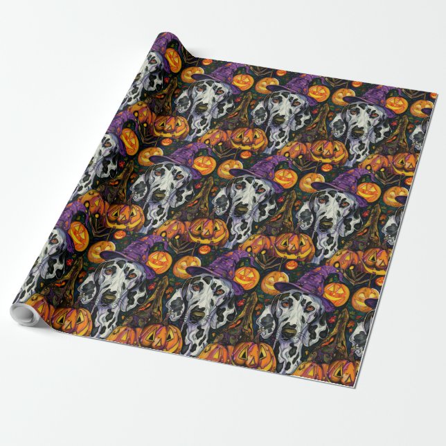 Spooky Dalmatian Dog Halloween Witch And Pumpkin Wrapping Paper (Unrolled)