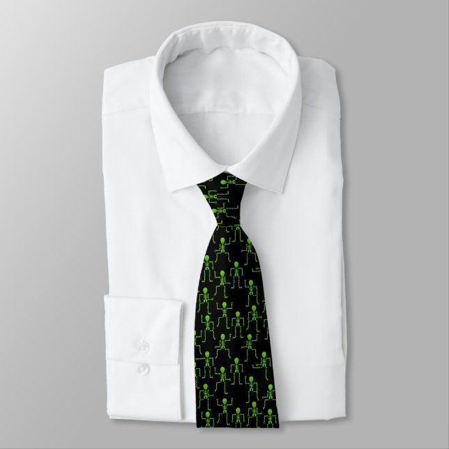 Spooky Dancing Bright Green Skeletons Pattern Tie (Tied)