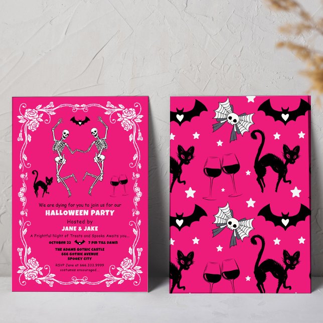Spooky Dancing Skeletons Hot Pink Halloween Party Invitation (Creator Uploaded)