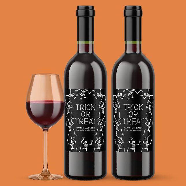 Spooky Dancing Skeletons Trick or Treat Halloween Wine Label (Creator Uploaded)