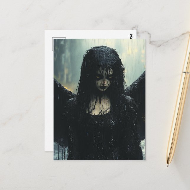 Spooky Dark Angel in Rain Fantasy Postcard (Front/Back In Situ)