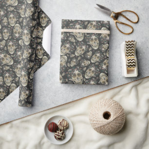 Spooky Dark Floral Skull Pattern Wrapping Paper