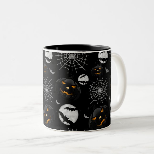 Spooky Dark Halloween Pattern Two-Tone Coffee Mug (Front Right)
