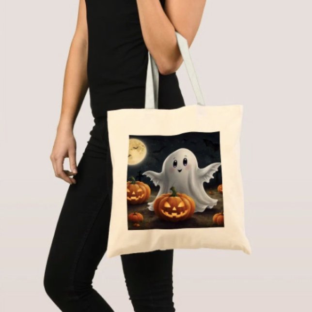 Spooky Delight: Ghostly Halloween Fun Tote Bag (100% natural material 100% cotton D: 15.75"l x 15.25"w 5 handle colors.)
