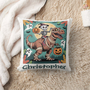 Spooky Dino Rider – Skeleton on Mummy T-Rex Cushion