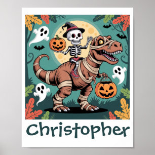Spooky Dino Rider – Skeleton on Mummy T-Rex  Poster