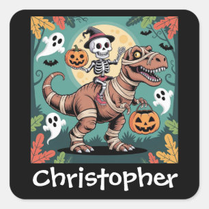 Spooky Dino Rider – Skeleton on Mummy T-Rex  Square Sticker