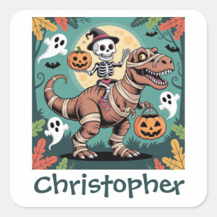 Spooky Dino Rider – Skeleton on Mummy T-Rex Square Sticker