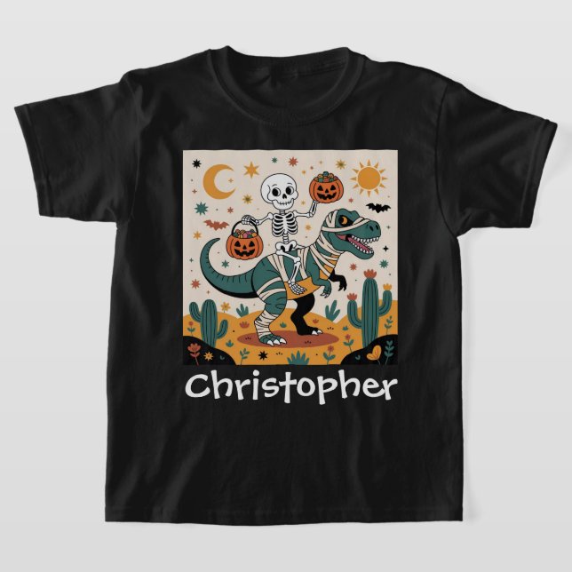 Spooky Dino Rider – Skeleton on Mummy T-Rex  T-Shirt (Laydown)