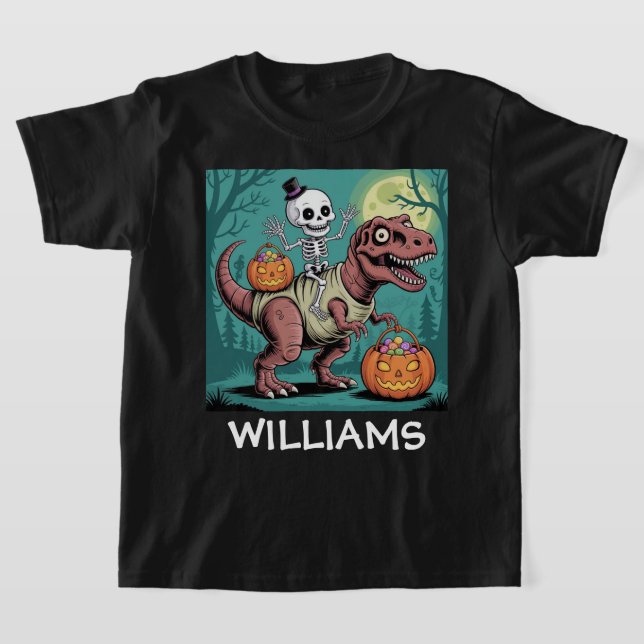 Spooky Dino Rider – Skeleton on Mummy T-Rex  T-Shirt (Laydown)