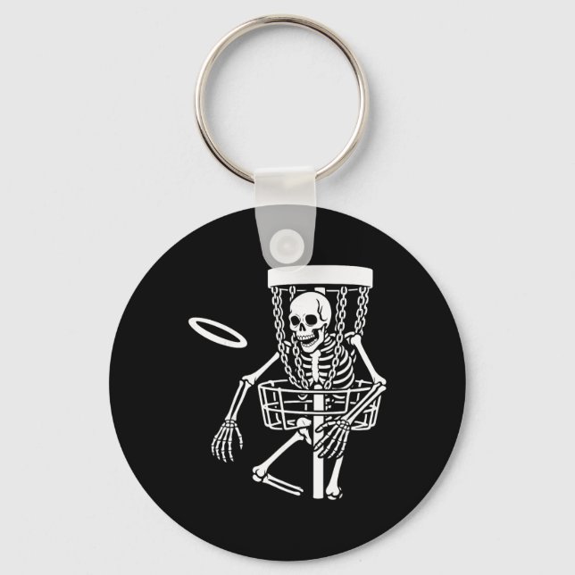 Spooky Disc Golfing Skeleton Halloween Disc Golf L Key Ring (Front)