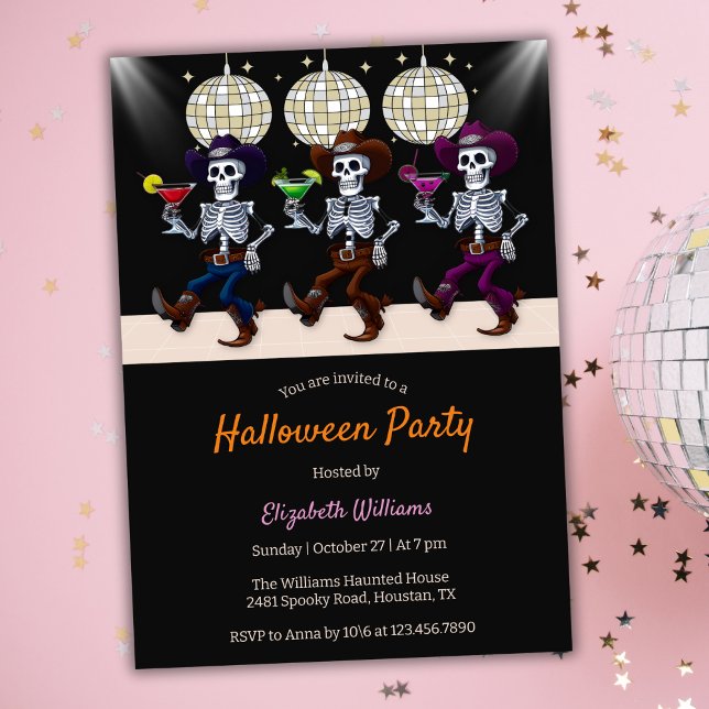 Spooky Disco Dancing Skeletons Halloween Party Invitation (Spooky Disco Dancing Skeletons Halloween Party Invitation)