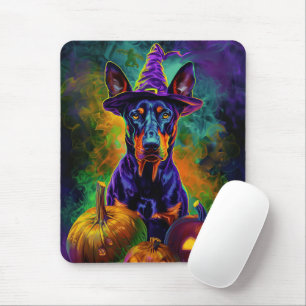 Spooky Doberman Dog Halloween Witch And Pumpkin Mouse Pad