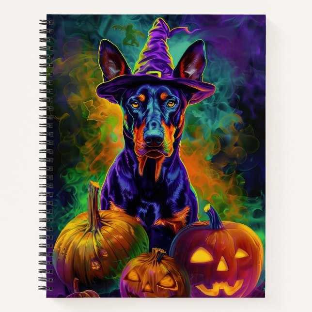 Spooky Doberman Dog Halloween Witch And Pumpkin  Notebook (Front)