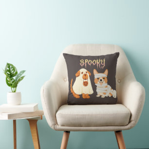 Spooky Dog Ghost and Mummy Black Halloween Cushion