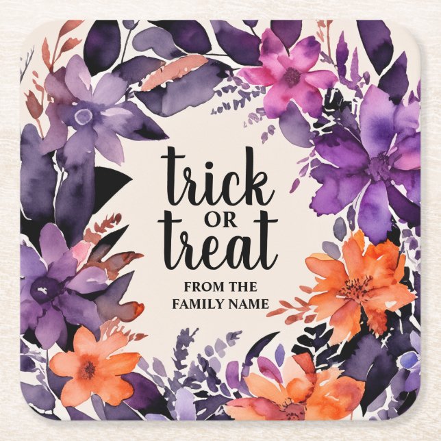 Spooky Elegance Halloween Floral Wreath Collection Square Paper Coaster (Front)