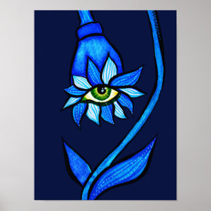 Spooky Eye Flower Creepy Art In Blue Poster