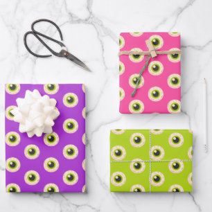 Spooky Eyeball Pattern Pink Purple Green Halloween Wrapping Paper Sheet