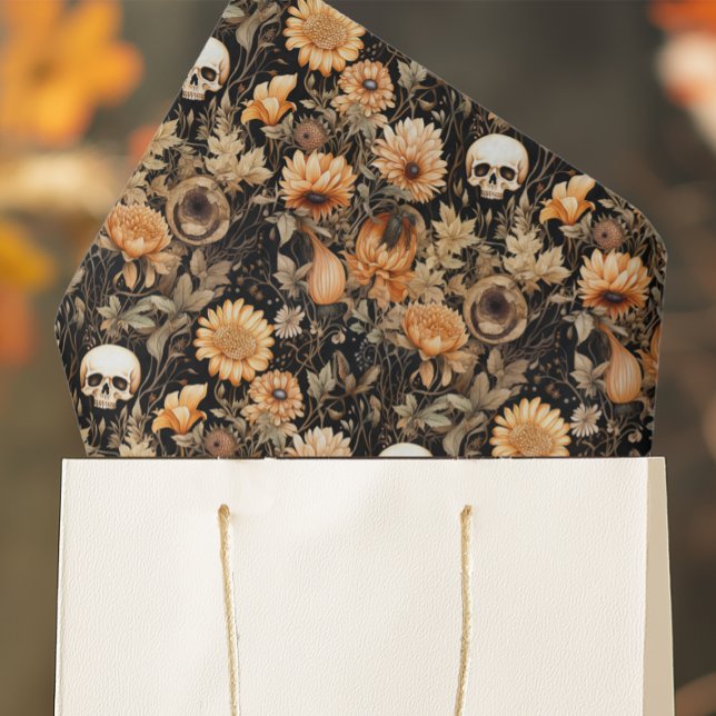 Spooky Fall Floral Skull Tissue Paper (Add spooky elegance to your gift wrap and Halloween crafts with this skull and flowers tissue paper.)