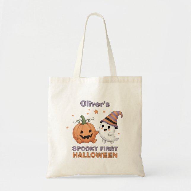 "Spooky First Halloween" Cute Ghost & Pumpkin Tote Bag (Front)