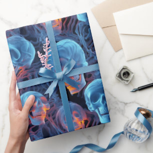 Spooky Florescent Blue Skulls Halloween   Wrapping Paper