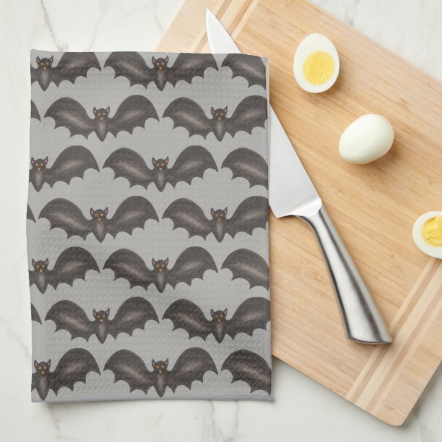 Spooky Flying Black Bats Bat Print Happy Halloween Tea Towel (Quarter Fold)