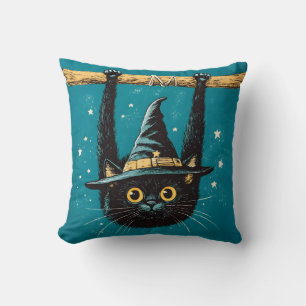 Spooky Flying Black Cat Witch Cushion