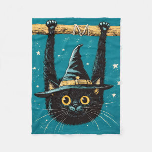 Spooky Flying Black Cat Witch Fleece Blanket