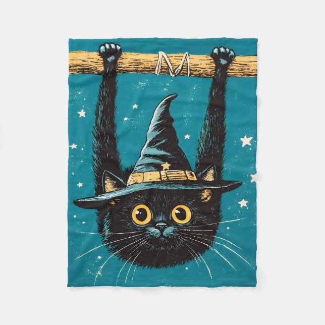 Spooky Flying Black Cat Witch Fleece Blanket (Front)