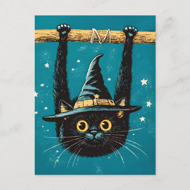Spooky Flying Black Cat Witch Holiday Postcard (Front)