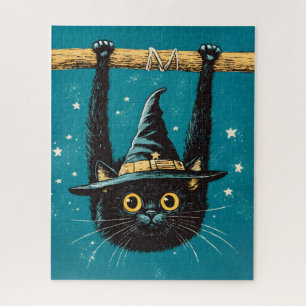 Spooky Flying Black Cat Witch Jigsaw Puzzle
