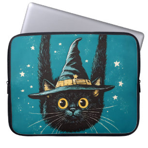 Spooky Flying Black Cat Witch Laptop Sleeve