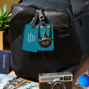 Spooky Flying Black Cat Witch Luggage Tag