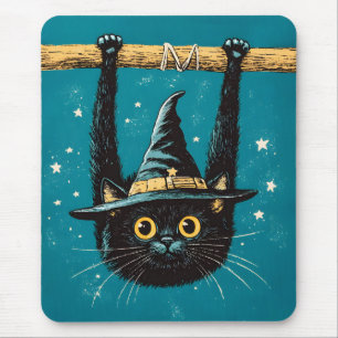 Spooky Flying Black Cat Witch Mouse Pad