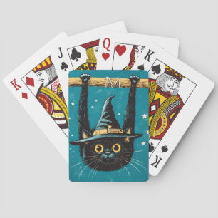 Spooky Flying Black Cat Witch Playing Cards
