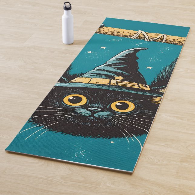 Spooky Flying Black Cat Witch Yoga Mat (In Situ)