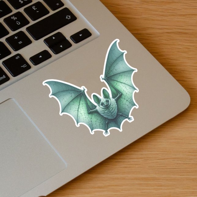 Spooky Flying Green Glowing Bat Wings Spread (Spooky flying glowing greenish blue bat on vinyl sticker for Halloween.)
