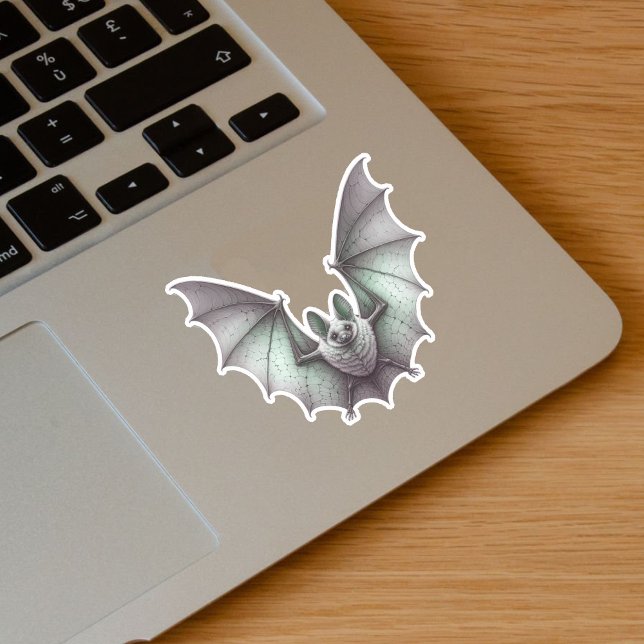 Spooky Flying White Bat Green Glow Wings Spread (Spooky flying glowing green white bat on vinyl sticker for Halloween.)