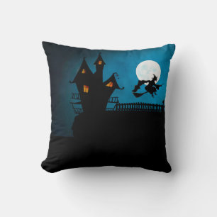 Spooky Flying Witch: Bold Black and Blue Cushion