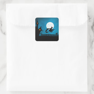 Spooky Flying Witch: Bold Black and Blue Halloween Square Sticker