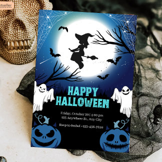 Spooky Flying Witch & Ghosts Full Moon Halloween Invitation