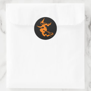 Spooky Flying Witch Orange Black Halloween Kids Classic Round Sticker
