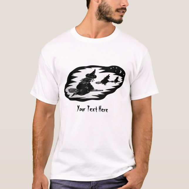 spooky flying witches on broomsticks halloween T-Shirt (Front)