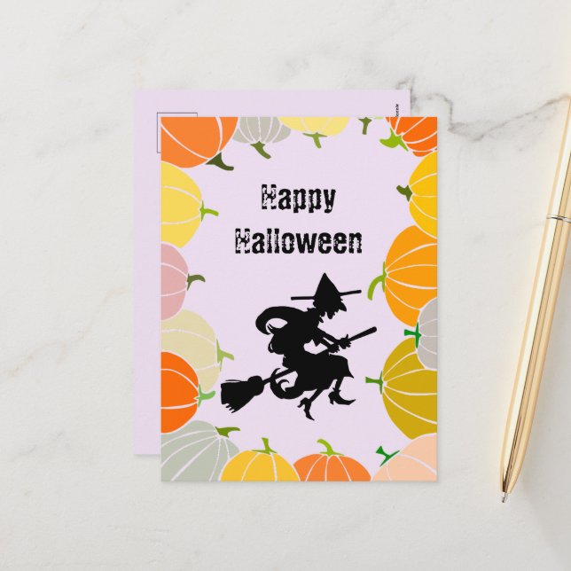 Spooky Flying Witch's Orange Pumpkins Holiday Postcard (Front/Back In Situ)