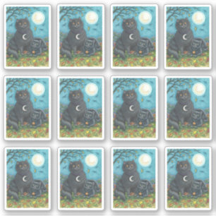 SPOOKY FOLK ART BLACK CATS UNDER BIG FULL MOON