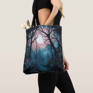 Spooky Forest Full Moon Blue and Pink Halloween Tote Bag